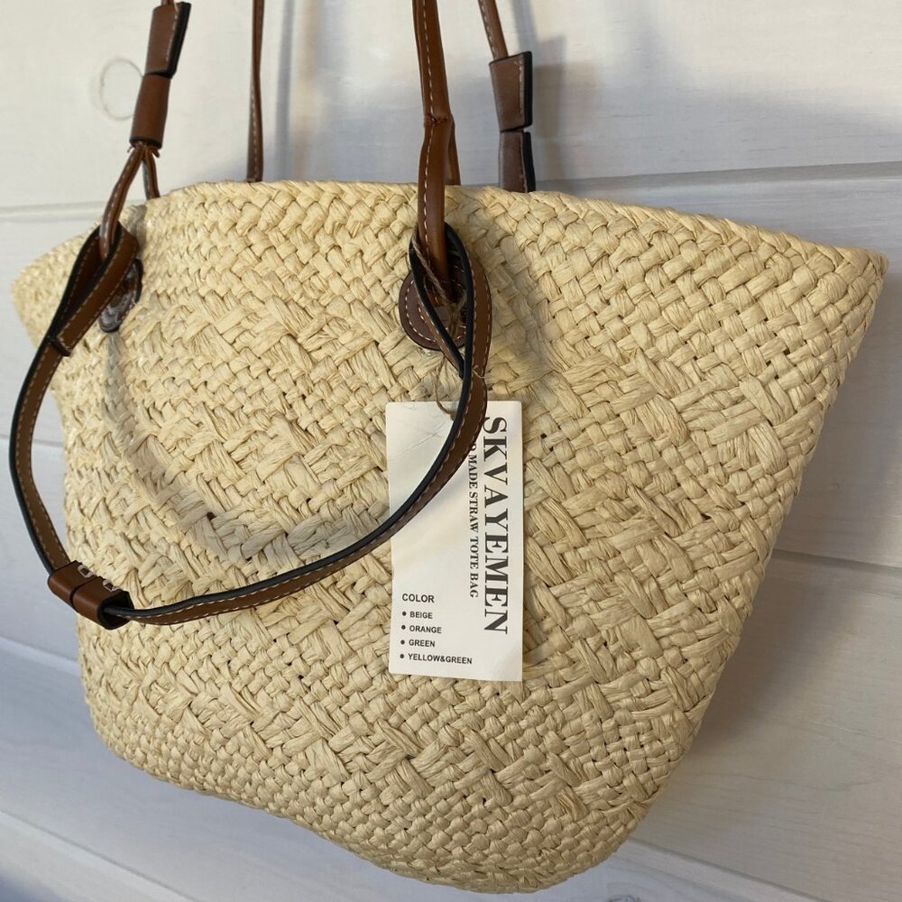 Saks Fifth Avenue Natural Straw Tote with Brown Leather Straps - Picture 6 of 11